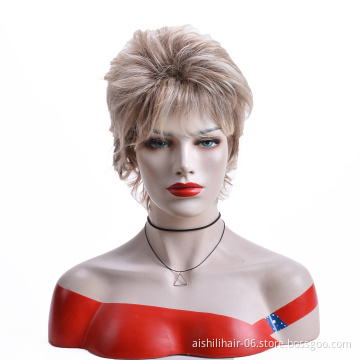 Wholesale heat resisitant short gold and  blonde fluffy deep wave fiber Synthetic hair wig for women
